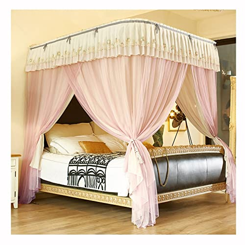 Betthimmel Doppelbett-Markisen-Moskitonetz, mit U-förmiger Führungsschiene, Bettvorhang-Schlafzimmerdekoration for Einzel-Doppelbett, höhenverstellbar (Color : Pink-A, Size : 220cm)