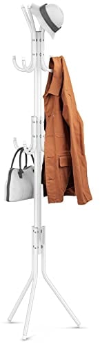 LONENESSL Garderobenständer Metall Mit 3 Höhen 12 Haken, Stabile Freistehende Garderobe für Kleidung/Taschen/Hüte, für Zuhause/Eingangsbereich/Büro/Flur (Weiß)