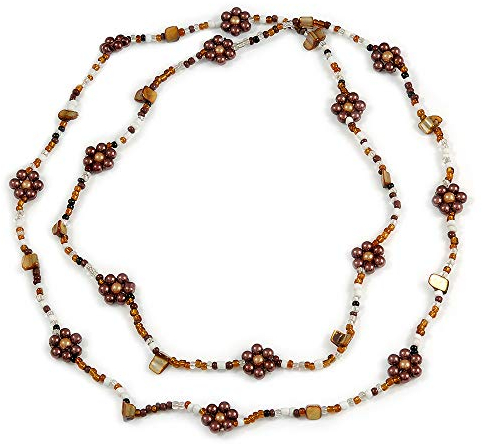 Avalaya Long Glass Bead Sea Shell Floral Necklace in Brown/White/Bronze /132cm Long