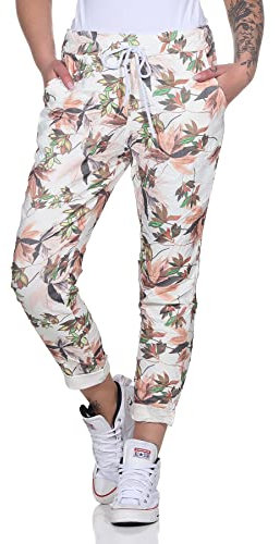 MATY FASHION Damen Freizeithose Moderne Jogginghose Relax Pants Boyfriend mit Kordelzug 43 (Floral Weiß)