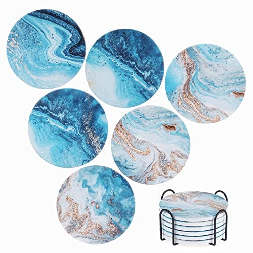 Lot de 6 sous Verres Absorbants pour Boissons, Dessous de Verre Céramique avec Base en Liège, Dessous de Verre Marbre, sous Tasse pour la Maison, Le Café et Les Bars