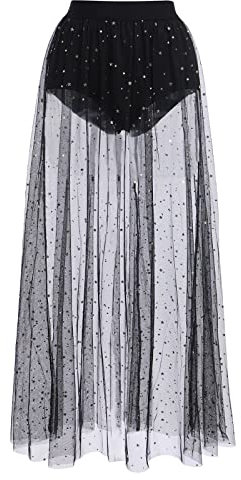 Odizli Rave Outfits Women Festival Clubbing Sexy Y2K Glitter Star Sequins Gothic Tulle 2 in 1 See Through Sheer Mesh Shorts High Waist Ruffle Maxi Beach Skirt Teenager Girls Party Streetwear Black L