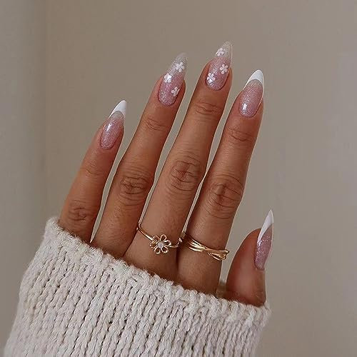 24PCS Long False Nails with Glue Stickers,Almond Full Cover Acrylic and Press on Nails no Glue,Glitter White Flower French Fake Nails Stick for Women and Girls Nail Art