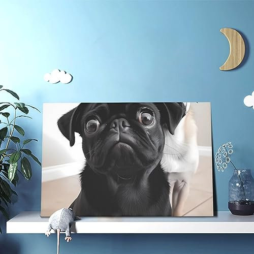 RLDOBOFE Niedlicher schwarzer Mops Hund dekorative Malerei Leinwand Poster Wandkunst Wohnzimmer Poster Ästhetische Schlafzimmer Gemälde ungerahmt zum Aufhängen Leinwand Wanddekoration Farbe 30,5 x