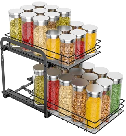 MAYZOLOP Porta Spezie Per Cucina, Nero Portaspezie Salvaspazio, Portaspezie Regolabili in Altezza Per L'interno Degli Armadietti, Organizzatore Per Armadietti Estraibili, P26.4*L18.2*H23CM