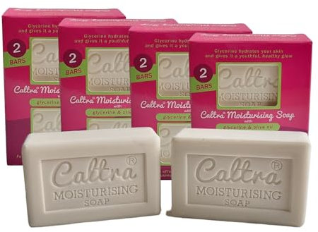 Caltra Moisturising Soap Bar with Olive Oil & Glycerine, Vegan, No SLS or Parabens, Natural Organic Softens & Nourishes Body Hand & Face Soap for Men Women (4 Pack (8 Soaps))