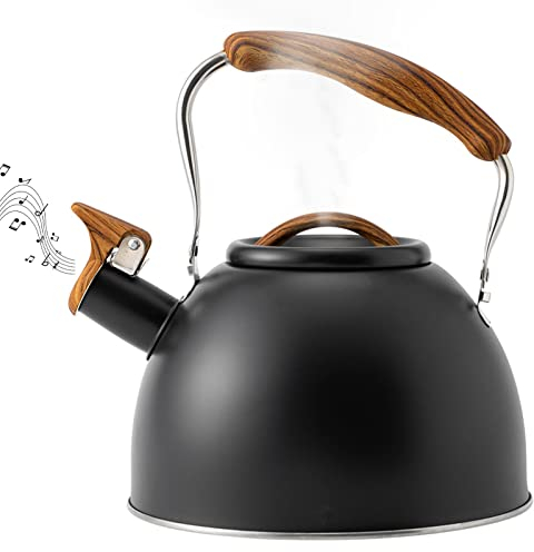 Tuzsocr Stovetop Whistling Kettle, 3 Litre Stainless Steel Stove Top Kettle, Retro Style Vintage Teapot, with Wood Grain Handle and Tall Whistle, Kitchen Kettle, for Gas Stove,Induction Cooker (Black)