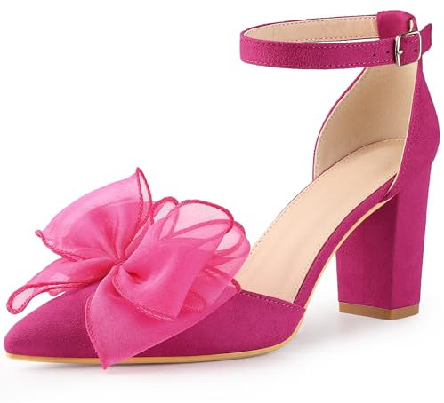 Allegra K Women's Bow Knot Pointed Toe Block Heel Pumps Hot Pink 4 UK/Label Size 6 US
