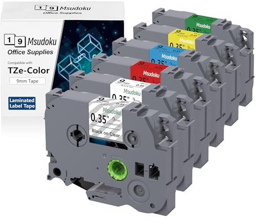 6x Msudoku 9mm 0.35 TZe TZ Bänder Kompatibel für Brother TZe-121 TZe-221 TZe-421 TZe-521 TZe-621 TZe-721 Schriftband für Brother Ptouch PT-H100 PT-D400 PT-1000 PT-1010 PT-H110 PT-D210