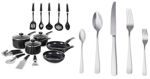 Morphy Richards 970040 Equip 14 Piece Cookware Set, Aluminium, Black & Amazon Basics 20-Piece Stainless Steel Flatware Set with Square Edge, Service for 4 Count, Silver