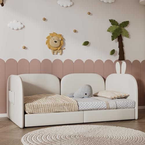 Merax Kinderbett Polsterbett 90x200cm, Einzelbett Bettgestell mit Lattenrost und Rückenlehne, Bettgitter auf DREI Seiten, Kopfteil in Kaninchenform, Tagesbett, Jugendbett, Samt, ohne Matratze, Beige