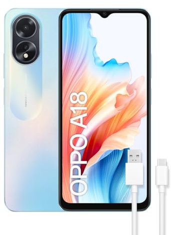 OPPO A18 - Smartphone Libre, 4GB+128GB, Pantalla HD+LCD 6.6, Cámara 8+2+5MP, Android, Batería 5000mAh, Carga 10W – Azul