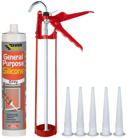 Anti Mould Grey Silicone Sealant Set - Bundle Includes Everbuild General Purpose Waterproof Sealant, Silicone Gun And 5 Spare Nozzles