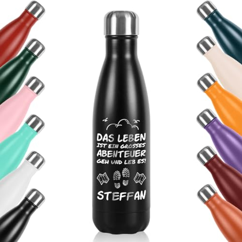 polar-effekt Edelstahl Trinkflasche 500 ml schwarz mit Gravur - BPA-Freie Thermosflasche - doppelwandig isoliert - Flasche für Arbeit, Schule, Uni und Sport