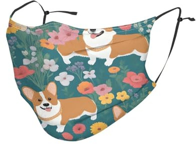 YYHWHJDE Erwachsenenmasken, waschbar, weich, atmungsaktiv, geeignet für Camping, Laufen, Reisen, den täglichen Gebrauch, Corgi, Blumen, Frühling, Garten, Bild, 5 Stück