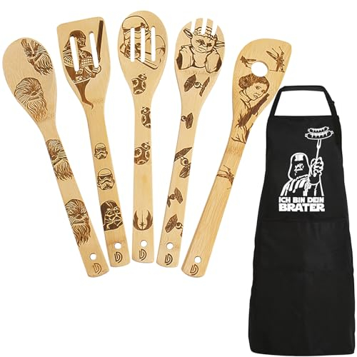 DaceStar Star Wars Grillschürze für Männer und Kochlöffel Holz, Star Wars Geschenke, Lustig Kochschürze Herren, Star Wars Merch, Star Wars Deko, Star Wars Vatertag Geschenke für Männer