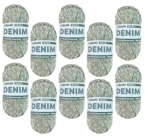 myboshi Denim, veganes Jeansgarn, recycelte Baumwolle zum Häkeln und Stricken, 50% recyceltes Denim, 50% Baumwolle (Bio), 50g, Ll 135m Hellblau (Baggy), 10 Knäuel