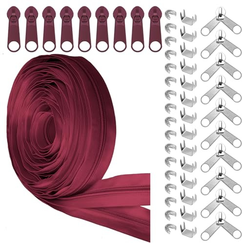Glarks 81 nastri per cerniera in nylon bordeaux #5 include 1 rotolo di cerniera da 9,1 m con 10 cursori per cerniera in metallo, 10 cursori a doppia cerniera, 40 fermi superiori, 20 fermi inferiori