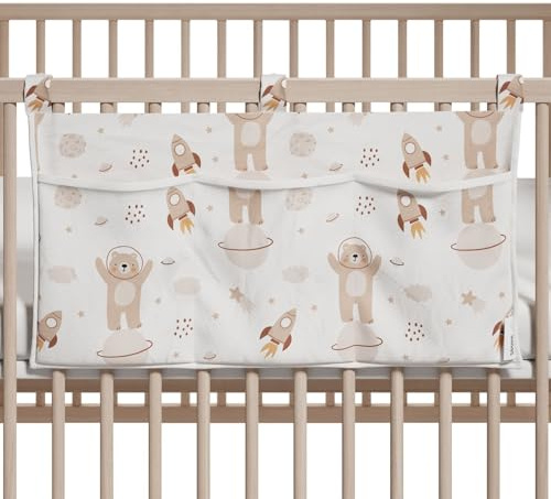 Sämann Organizer für Laufgitter mit 3 Taschen, hängend, aus organischer Bio-Baumwolle, Babybett-Betttasche (Space Adventure)