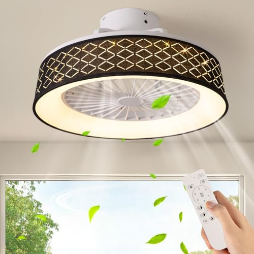 XEMQENER Ceiling Fans with Lights and Remote, Bladeless Ceiling Fan Dimmable with 6 Speeds & 2 Timings, Reversible Led Ceiling Fan with Lighting for Bedroom Living Room Dining Room, 2700-6500K(Black)
