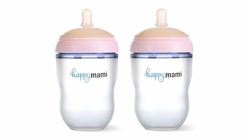 HappyMami - Set de 2 Biberons en Forme de Sein, Biberons 250 ml, Couleur Rose, Tétine en Silicone de Qualité Médicale, Double Système Anti-Colique, sans BPA, Lavable au Lave-vaisselle, Chauffe-biberon