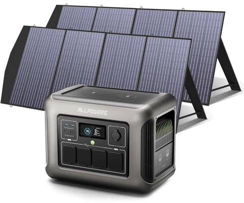 ALLPOWERS R1500 générateur solaire avec 2x panneaux pliables de 200W IP66 étanche, 1152Wh batterie LiFeP04, 2 x Chargement rapide sans fil 15W, Énergie solaire MPPT pour camping, extérieur