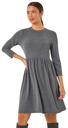Roman Stretch Dress with Pockets for Women UK - Ladies Jersey Gathered Waist Spring Summer Knee Length Smart Casual Work Cocktail Party Going Out Fit & Flare Dinner - Plain Grey - Size 18