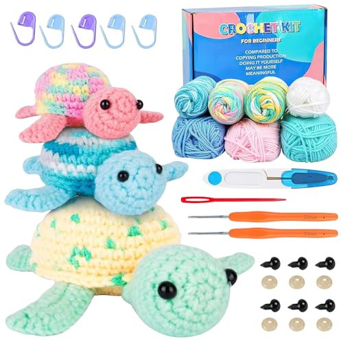 HIULLEN Häkelset für Anfänger, 3 Stück Schildkröte Familie Häckeln Stricken Set, Häkelnadel Set, Tiere Häkel Zubehör für Erwachsene Kinder Crochet Strickset mit Schritt für Anfänger Anleitung