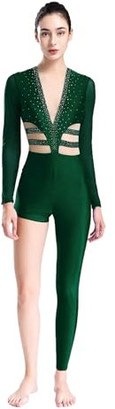 iiniim Damen Ganzkörper Turnanzug Glitzer Gymnastikanzug Mesh Patchwork Ballettanzug Asymmetrischer Jumpsuit Langarm Sport Body Overall Grün XXL