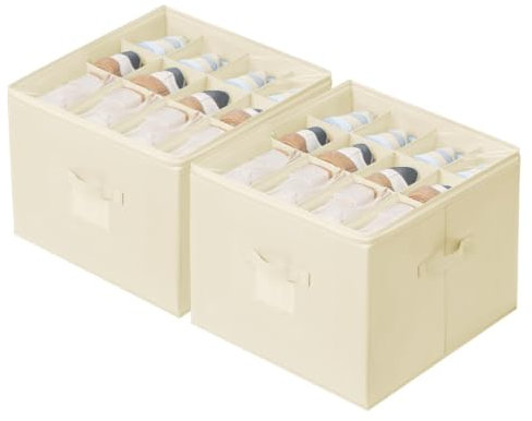 DIMJ 2 Pack Shoe Storage Box - Ultra Stiff Shoe Organiser with Zipable Clear Cover, Tag Insert & 24 Compartments (8 Large & 16 Medium Grids) Foldable Shoebox Organiser, Fast Assembly, Beige