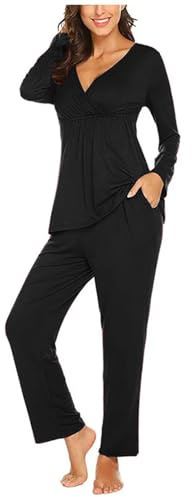 Générique Ensemble de Pyjama Maternité Coton Pyjama de maternité Couleur Unie Longue Vêtements de Nuit Grossesse Pyjama Chaud Allaitement