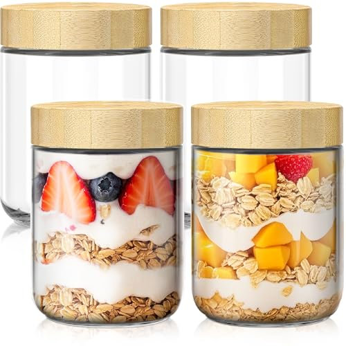 4 Stück 473 ml Übernachtungshaferbehälter mit Bambusdeckel, Glasdosen mit luftdichtem Deckel für Mahlzeitenzubereitung, Weithals-Maurer-Salatgläser, Glas-Frischhaltedosen für Joghurt, Chia, Snacks,