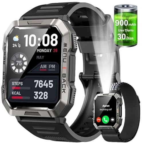 Militare SmartWatch Uomo(Rispondi/Effettua Chiamate), Fitness Tracker con Torcia/Bussola/900mAh Batteria /24H Cardiofrequenzimetro/Sonno/ SpO2/100+ Modalità Sport per Android IOS (2 Cinturini)