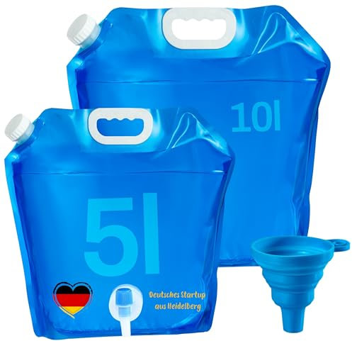NPEX Wasserkanister faltbar 5 L + 10 L mit Ventil – Faltbarer Wasserkanister/Trinkwasserkanister faltbar für Camping – BPA-freier Wasserbehälter faltbar – Wasseraufbewahrung für Outdoor & Vorrat
