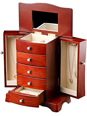 OZBMA Boîte à Bijoux en Bois pour Femme Boîte à Bijoux en Bois Massif avec Organisateur de Style Tour à 4 tiroirs et 2 Portes Ouvertes séparées sur 2 côtés et Grand Miroir Organisateur de Bijoux