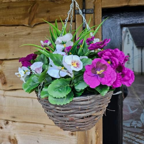 Best Artificial 10 Wicker Rattan Basket with 30cm Pansy and Geranium Flower Display - Suitable for Outdoor, Indoor and Garden (Multi Listing) (Purple & White)