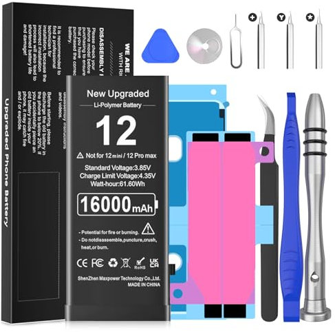 Batterie pour iPhone 12/iPhone 12 Pro, 16000mAh Batterie Lithium ION Haute capacité avec Outils de réparation New