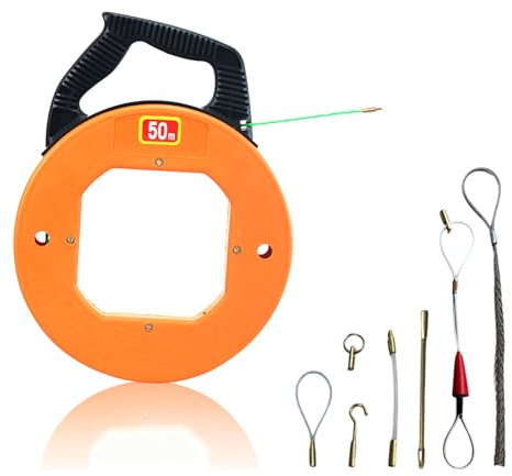 YUZINO Fish Tape Cable Rods 4mm 50m Cable Puller, Electrical Fishing Wire Cable Puller Electrician Tools for Pulling Wire and Cable with 7 Adapters and Storage Case