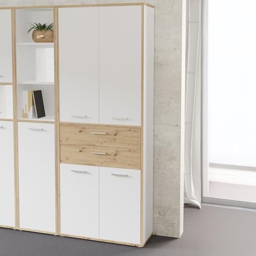 Forte KEFLAVIK Büroschrank 80 90, moderner Büroschrank mit 4 Türen und 2 Schubladen, Weiß|Artisan Eiche Holzdekor, 84,5 cm breit x 226,5 cm hoch x 41,5 cm tief