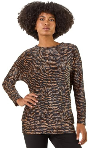 Roman Originals Blouson Top for Women UK Ladies Drop Shoulder Long Sleeve Jersey Stretchy Oversized Casual Office Jumper Soft Everyday Sweater Lounge Sweatshirt Blouses - Tan - Size 14