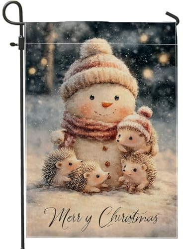 Schneemann-Gartenflagge, weihnachtlicher Igel-Schal, weiße Jute, doppelseitig, dekorative Flaggen für den Außenbereich, Terrasse, Rasen, Veranda, Eingang, Campingplatz, 30,5 x 45,7 cm