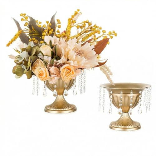 Sziqiqi Metal Gold Flower Urn Vase: Wedding Centrepieces for Tables 2pcs | With Crystal Beads, ⌀27cm/ H22cm/ T13cm, Large Vase for Flower Arranging, Vintage, Birthday Party, Anniversary