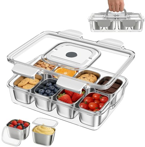 LPQKCcY - Caja de aperitivos con 8 compartimentos de acero inoxidable, bandeja para aperitivos con tapa y asa, lavable en el lavaplatos, para diversas frutas, aperitivos y postres