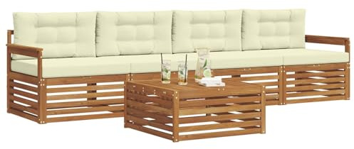 vidaXL Outdoor-Sofagarnitur mit Kissen 5 pcs Natur und Creme, Gartenlounge, modernes Outdoor-Sofa, Sitzmöbel für die Terrasse, langlebige Komfort-Einheit
