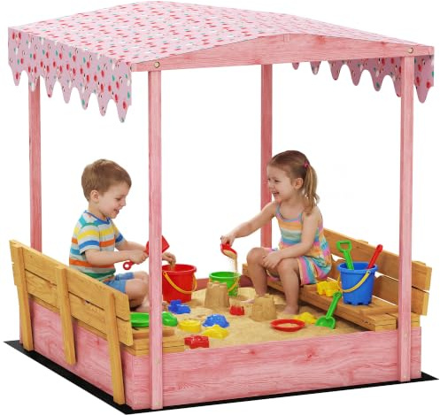 AIYAPLAY Bac à Sable en Bois avec Couvercle 3-6 Ans 134,5x127,5x130cm Rose | Bac à Sable Enfant Extérieur, Siège Pliable, Espace de Rangement, Toile Imprimée Dinosaures, Fond Inclus