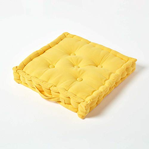 HOMESCAPES Luxury Floor Cushion Plain 100% Cotton Yellow 40 x 40 x 8cm, Booster Cushion Seat Chair Pad Dining Thick & Plush Garden Floor Pillow for Kids Elderly Pets Indoor Outdoor Use