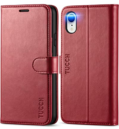 TUCCH Custodia per iPhone XR, Cover Chiusura Magnetica Portafoglio Tasca Carte RFID Blocco Pelle Sintetica TPU Antiurto Wake/Standby Automatico Supporto Portacellulare per iPhone XR, Rosso Scuro