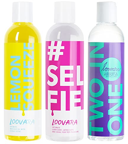 Loovara Gel lubricante y Aceite de masaje pack 3x250 ml - HAPPY WEEKEND – Set de aceites de masaje y lubricantes nutritivos, veganos, naturales, probados dermatológicamente, seguros con preservativos