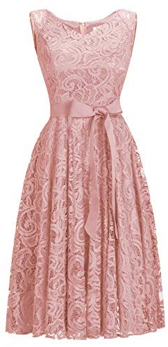 Misshow Robe de Soirée Chic pour Mariage Robe Femme Cérémonie en Dentelle Robe Femme Occasion Spéciale Rose 42