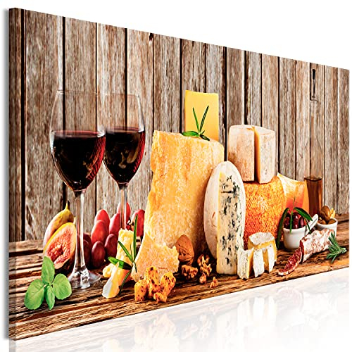 murando - Wandbilder XXL Wein und Käse120x40 cm 1 tlg - Wand Deko Vlies Leinwand Bilder Groß Wanddeko Wohnzimmer Schlafzimmer Kunstdrucke Panoramabild - Holzoptik Weintraube Essen Küche